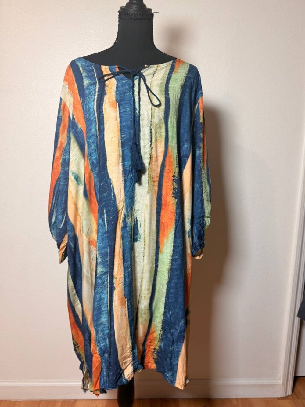 Boho Abstract Stripe Tunic Dress 2XL Tassel Tie Neck Artsy Oversized Plus